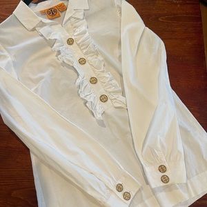 Tory Burch White Ruffle Button Up Top